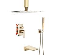 Concealed Shower System with Waterfall Tub Spout and Handheld Shower Head, Brushed Gold Rain Shower Faucet Sets Complete Used for Bathroom Renovation,Ceiling 10inch
