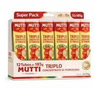Concentrado de tomate triple Mutti, Pasta de Tomate Triple Concentrada, Hecho de pomodoro 99,6%, sal, Sin Gluten, Sin Lactosa, Sin huevos, Producto Italiano, Contiene 12 tubos de 185 gr