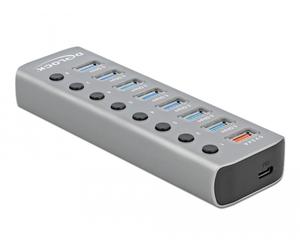 Concentrador Delock USB 3.2 Gen 1 con 7 puertos + 1 puerto de carga rápida + 1 puerto USB-C™ PD 3.0 con interruptor e iluminación