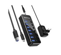 Concentrador USB 3.0 de 7 puertos con enchufe europeo, divisor industrial de aluminio con adaptador