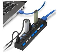 Concentrador USB 3.0 de 7 puertos con interruptores de encendido individuales e indicadores LED, concentrador de datos alimentado con adapta