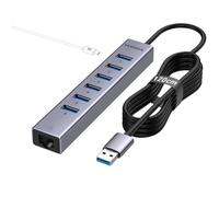 Concentrador USB 3.0 de 7 puertos, USB a red con 6 puertos de datos USB 3.0, puerto Gigabit Ethernet y conector de alimentación de 5 V/3 A, extensión de aluminio USB para ordenador portátil, IMAC, PC,