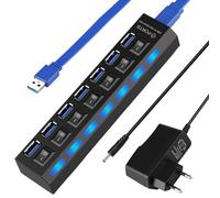Concentrador USB 7 Puertos 3.0 + 2.0 Alimentado con Interruptores LED Individuales, Regleta USB con Adaptador de Corriente 5V/2A, Multipuerto para PC Portátil Mouse Keyboard