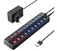 Concentrador USB Alimentado, concentrador Divisor USB de 10 Puertos (7 Puertos de Transferencia de Datos más rápidos + 3 Puertos de Carga Inteligente)