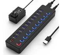 Concentrador USB alimentado, concentrador USB C, divisor de concentrador de 11 puertos, 10 puertos USB 3.0 de transferencia de datos + 1 puerto de carga inteligente, interruptor no empotrado (con