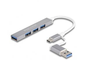Concentrador USB delgado de 4 puertos Delock con USB Type-C™ o USB tipo A a 3 tomas USB 2.0 tipo A + 1 toma USB 5 Gbps tipo A