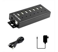 Concentrador USB industrial de 7 canales con puerto USB 2.0 y adaptador de expansión con enchufe británico.