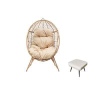 CONCEPT FÁBRICA | Sillón de huevo sobre patas de resina con aspecto ratán, reposapiés, diseño Jane Beige | Estructura de acero | Cojín repelente | Hamaca columpio en pie y balcón