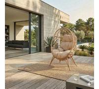 CONCEPT FÁBRICA Sillón Huevo Jane Beige Resina Trenzada en Pie 155 cm | Gran cojín repelente al agua, estructura de acero, terraza jardín o salón
