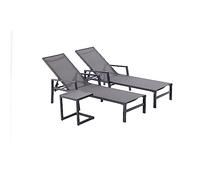 CONCEPT Factory - Lote de 2 tumbonas ajustables con reposabrazos + mesa auxiliar | tumbona de sol | Bari gris oscuro | aluminio textil | ajustable 6 posiciones | jardín terraza playa piscina