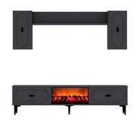 CONCEPT Factory | Mueble TV VIBRA con chimenea LED y módulo de pared gris antracita y negro | Conjunto completo de 150 cm | 4 armarios + estantes | Colocación de pared o patas | Diseño contemporáneo