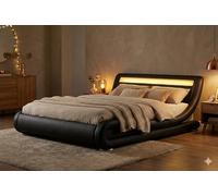 Concept-Usine | Cama Doble Seattle en Piel Sintética Negra| Diseño Original, Moderno y Elegante| Luz LED Multicolor Integrada en la Cabecera| Somier para 2 Personas de 140 x 190 cm