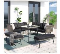 Concept-Usine | Salón de jardín de 9 plazas Baracoa 2 en Resina Trenzada Gris | Conjunto Completo con sofás, ángulo, Bancos y Mesa de Vidrio Templado | Cojines Esponjosos Antracita | para terraza