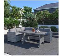 CONCEPTO FÁBRICA | Salon de jardín esquinero 6 plazas TAHAA gris | Resina efecto ratán + mesa bandeja madera | Cojines cómodos repelentes | Estructura metálica robusta | Diseño elegante exterior