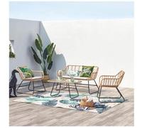 Concept-Usine | Conjunto de Jardín de Ratán y Acero Balcón de 4 Plazas Parea | Color Beige Claro | 3 Cojines Gris Claro de Poliéster | Mesa de Resina con Tapa de Vidrio Templado | Diseño para Terraza