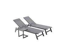 CONCEPT USINE | Juego de 2 tumbonas reclinables + mesa auxiliar | baño de sol al aire libre | Prato gris y negro | 2 ruedas | aluminio textil respaldo ajustable | jardín terraza playa piscina