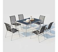 Concept-Usine | Juego de Muebles de Jardín de Diseño Lusiana para 6 Personas en Color Gris Oscuro - 1 Mesa Rectangular de Cristal Templado - 6 Sillas Apilables con Reposabrazos Redondeados