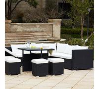 Concept-Usine | Mobiliario de Jardín Fidji para 10 Personas | Resina Trenzada Color Negro | Sofá Grandes con Asiento Reclinable y 4 Pufs | Cojines Blancos | Mesa Cubierta con Cristal