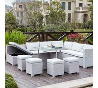 Concept-Usine | Mobiliario de Jardín Fidji, Resina Trenzada Color Gris para 10 Personas, Sofá Grandes con Asiento Reclinable, 4 Pufs y Almacenamiento. Mesa Alta con Vidrio Templado.