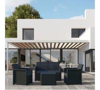 Concepto de fábrica | Salón de jardín Nassau 4 plazas gris oscuro | 1 sofá + 2 sillones + mesa baja | resina polipropileno | cojines extraíbles + almacenamiento integrado | Diseño moderno interior y