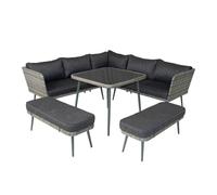 CONCEPTO FÁBRICA | Salón de jardín de 9 plazas Baracoa 2 en resina trenzada gris | Conjunto completo con sofás, ángulo, bancos y mesa de vidrio templado | Cojines Esponjosos Antracita | Ideal para