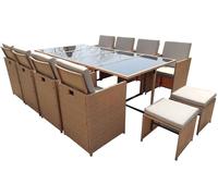 CONCEPT Factory - Salón de jardín Florida para 12 personas de resina trenzada natural - 1 mesa de cristal - 8 sillones - 4 pufs - Cojines beige - Empotrables y resistentes