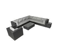 Concept-Usine | Salón de jardín Panorámico 8 plazas SALENTO 2 de Resina Trenzada Negra | 2 mesas + sillón | Cojines Grises repelentes Ultra Confort | Estructura de Aluminio | Modular y Elegante