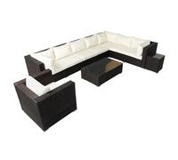 Concept-Usine | Salón de jardín Panorámico 8 plazas SALENTO 2 en Resina Trenzada marrón, 2 mesas + sillón | Cojines Blancos repelentes Ultra Confort | Estructura de Aluminio | Modular y Elegante