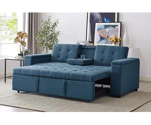 Concept USINE - Sofá Convertible de 4 Plazas en Tela de Lino | NOHO Azul Petróleo | Modular Muy Práctico | Diseño Contemporáneo | Cama 2 Plazas: Cama de 160x160cm | Estructura Madera Maciza Eucalipto