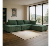 CONCEPT USINE | Sofá de esquina modular de 4 plazas STAVA | Terciopelo texturizado verde | Elegante y cómodo | Diseño moderno | Asiento espacioso y mullido | Estructura robusta de madera maciza |
