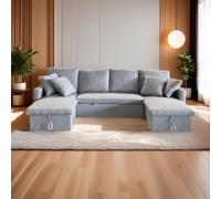 CONCEPT USINE | Sofá Panorámico Convertible MAHÉ 4 Plazas | Tela Gris Claro | con Cajones de Almacenamiento | Espacio para Dormir Amplio 267x110 cm | Diseño Moderno y Práctico | Confort y Robustez