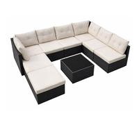 CONCEPTO DE FÁBRICA | Jardín de 8 plazas YANUCA Resina Trenzada Negra & Cojines Beige | Sofá grande modular con mesa de café y pufs | Diseño elegante y acogedor | Terraza o Jardín