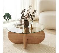CONCEPTO DE FÁBRICA | RIBE - Mesa de café de madera y bandeja de cristal | Diseño limpio y contemporáneo | Alianza de madera natural y cristal transparente | Ideal para un salón moderno | Montaje