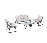 Concepto de fábrica | Salón de jardín bajo de 4 plazas | GUAHANA gris | Resina de aspecto ratán trenzado | Estructura de acero | Cojines grandes 14 cm Ultra Confort | Sofá + 2 Sillones + Mesa baja