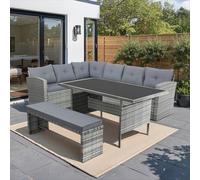 Concepto de fábrica | Salón de jardín comedor 8 plazas Moorea gris | Sofá de esquina + banco + mesa rectangular de vidrio templado | resina trenzada y acero | Cojines desmontables Confort 5 cm |
