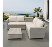 Concepto de fábrica | Salón de jardín de 4 plazas ABACOS de resina trenzada gris | 2 sofás + maletero lateral + mesa baja | Cojines beige cómodos | Estructura de acero | Diseño elegante para terraza