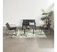 Concepto de fábrica | Salón de jardín de 4 plazas Aurora negro de acero y tela de poliéster | 2 sillones + sofá de 2 plazas + mesa de cristal templado | Detalles de madera | ultraligero y resistente