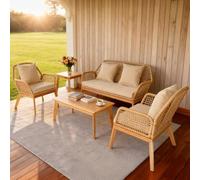 Concepto de fábrica | Salón de jardín de 4 plazas Rosario Beige & Madera Roble | Sofá + 2 Sillones + Mesas | Cojines Esponjosos Beige | Diseño natural con cuerda trenzada | Resistente al aire libre y