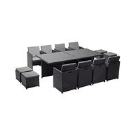 Concepto de fábrica | Salón de jardín empotrable de 12 plazas de resina trenzada | Mónaco negro/gris | Mesa con cristal 5 mm + 8 sillas + 4 pufs | Estructura de acero + epoxi | Robusto, cómodo,