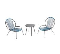 Concepto de fábrica | Salón de jardín RETE 3 piezas azul | Conjunto de 2 sillones bajos + mesa baja | Estilo retro Bistrot | Asiento cómodo | Resistente al agua | para terraza, balcón, jardín, porche