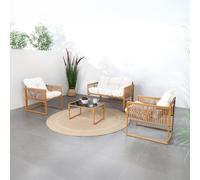 Concepto de fábrica | Salón de jardín TURINI 4 plazas efecto ratán natural | 2 sillones + sofá de 2 plazas + mesa de vidrio templado | Cojines blancos repelentes de 12 cm | Diseño compacto y cómodo