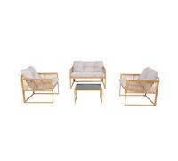 Concepto de fábrica | Salón de jardín TURINI 4 plazas efecto ratán natural | 2 sillones + sofá de 2 plazas + mesa de vidrio templado | Cojines gris claro repelentes de 12 cm | Diseño compacto y cómodo