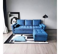 Concepto de fábrica | Sofá de terciopelo Coventry azul 3 plazas + puf | Bienestar y confort premium con muelles y espuma de memoria | Respaldo alto extraíble | Diseño moderno