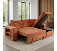 Concepto de fábrica | Sofá esquinero reversible de 4 plazas Glasgow | Convertible con maletero + estantes | pana ultra suave | Terracota | Gran Confort | Cama supletoria 196 x 113 cm | Diseño moderno