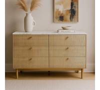 CONCEPTO FÁBRICA | Aparador Brox 120 cm Aspecto Madera ranurada y Mármol | 6 cajones con asas doradas | Estilo escandinavo contemporáneo | Almacenamiento espacioso y elegante | Patas de madera |