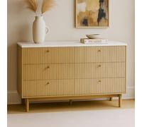 CONCEPTO FÁBRICA | Aparador Brox 120 cm de aspecto madera ranurada y blanco | 6 cajones con asas doradas | Estilo escandinavo contemporáneo | Almacenamiento espacioso y elegante | Patas de madera |