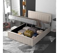 CONCEPTO FÁBRICA | Cama baúl Nashville 140 x 190 cm | Terciopelo Beige | Diseño Gráfico Elegante | Cabecero y Pie de Cama de Líneas Rectas | Almacenamiento Integrado | Somier Incluido | Aspecto