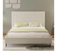 CONCEPTO FÁBRICA | Cama de 140 x 190 cm Tejido Bouclette Beige Cambridge | Cabecero Capitoneado Líneas Verticales | Somier de láminas incluido | Estilo Cocooning y moderno | Pies negros delgados |