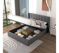 CONCEPTO FÁBRICA | Cama maletero Arlington 140 x 190 cm con cabecera de cama con líneas verticales | Terciopelo gris elegante | Gran baúl de almacenamiento integrado | Somier incluido | Diseño