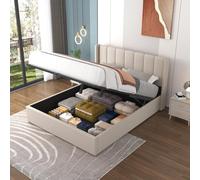 CONCEPTO FÁBRICA | Cama maletero Arlington 160 x 200 cm Cabecero de cama con motivos verticales | Terciopelo Beige Elegante | Caja de almacenamiento espaciosa | Somier incluido | Diseño Chic y